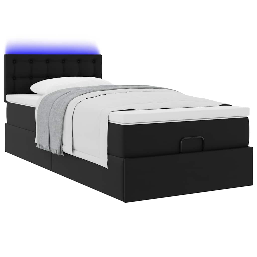vidaXL Οθωμανικό κρεβάτι με στρώματα & LEDs Μαύρο Faux Leather