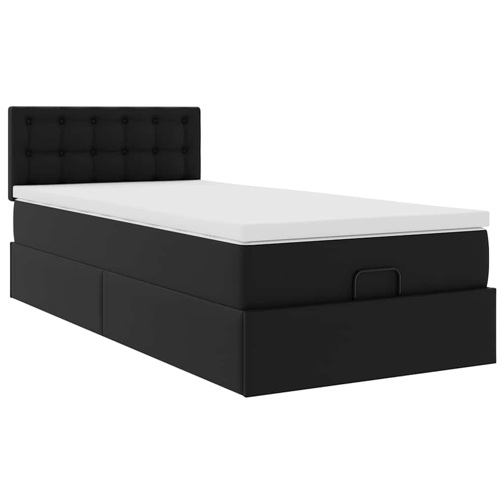vidaXL Οθωμανικό κρεβάτι με στρώματα & LEDs Μαύρο Faux Leather