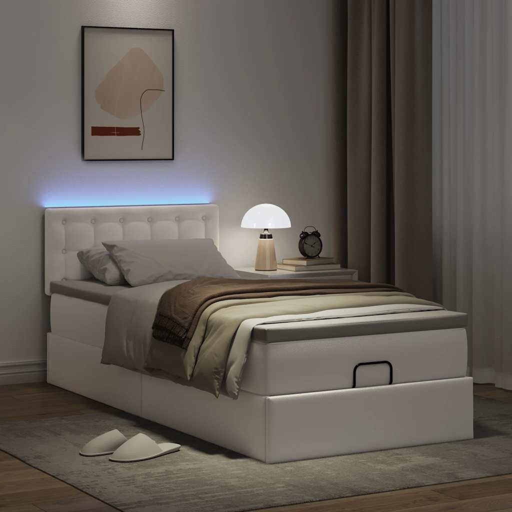 vidaXL Οθωμανικό κρεβάτι με στρώματα & LEDs Καθαρό λευκό Faux Leather