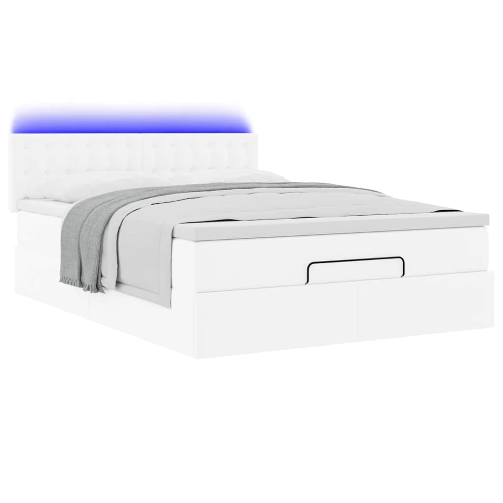 vidaXL Οθωμανικό κρεβάτι με στρώματα & LEDs Καθαρό λευκό Faux Leather