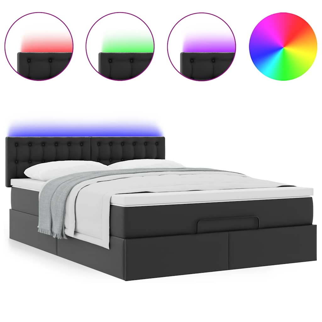 vidaXL Οθωμανικό κρεβάτι με στρώματα & LEDs Μαύρο Faux Leather