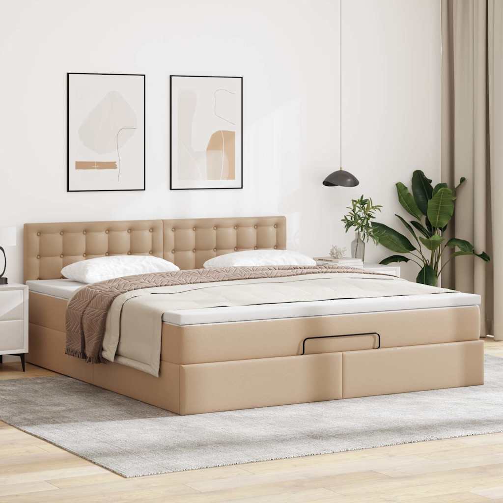 vidaXL Οθωμανικό κρεβάτι με στρώματα & LEDs Cappuccino Faux Leather