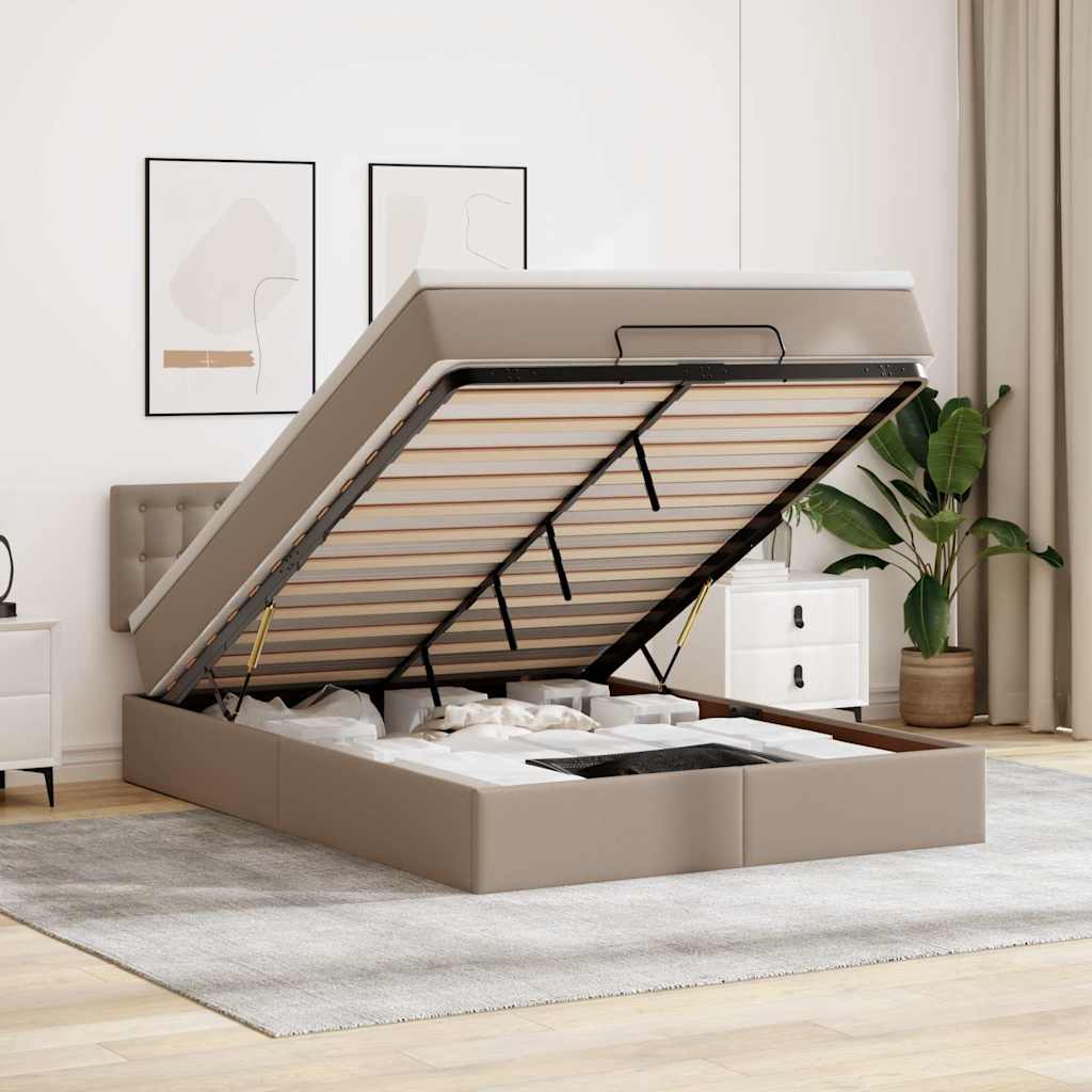 vidaXL Οθωμανικό κρεβάτι με στρώματα & LEDs Cappuccino Faux Leather