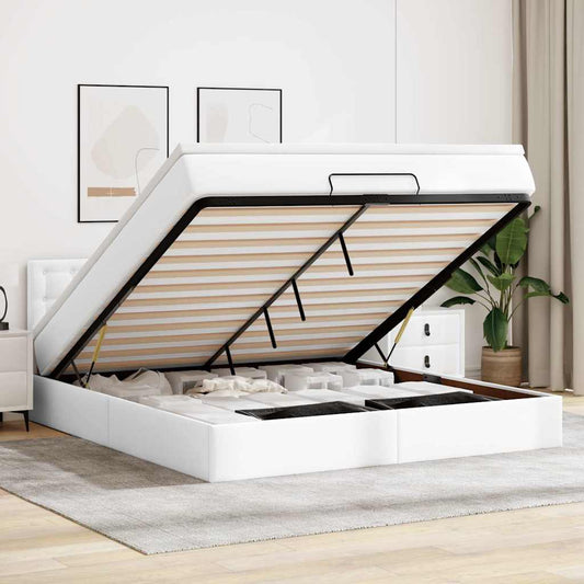 vidaXL Οθωμανικό κρεβάτι με στρώματα & LEDs Καθαρό λευκό Faux Leather