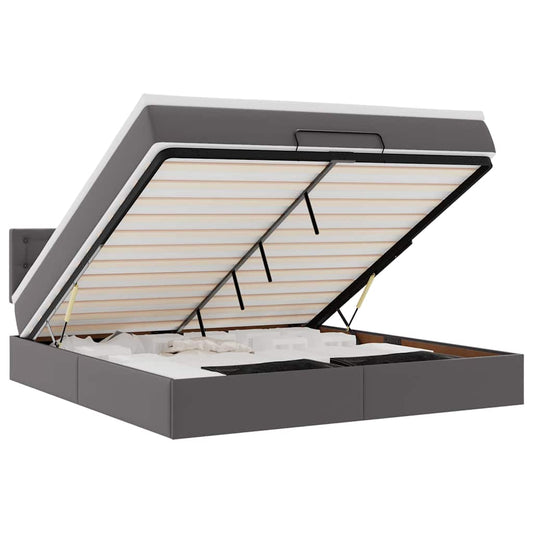 vidaXL Οθωμανικό κρεβάτι με στρώματα & LEDs Γκρι Faux Leather
