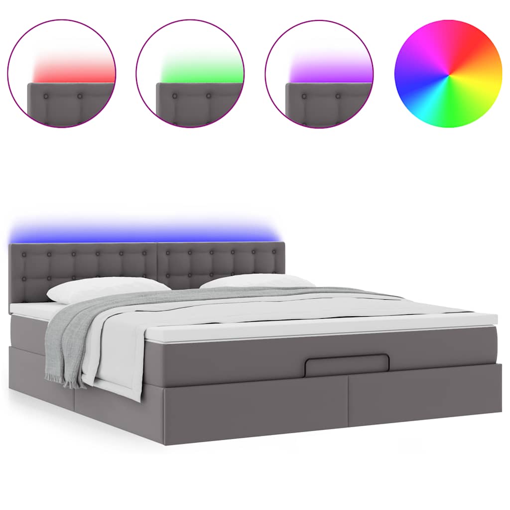vidaXL Οθωμανικό κρεβάτι με στρώματα & LEDs Γκρι Faux Leather