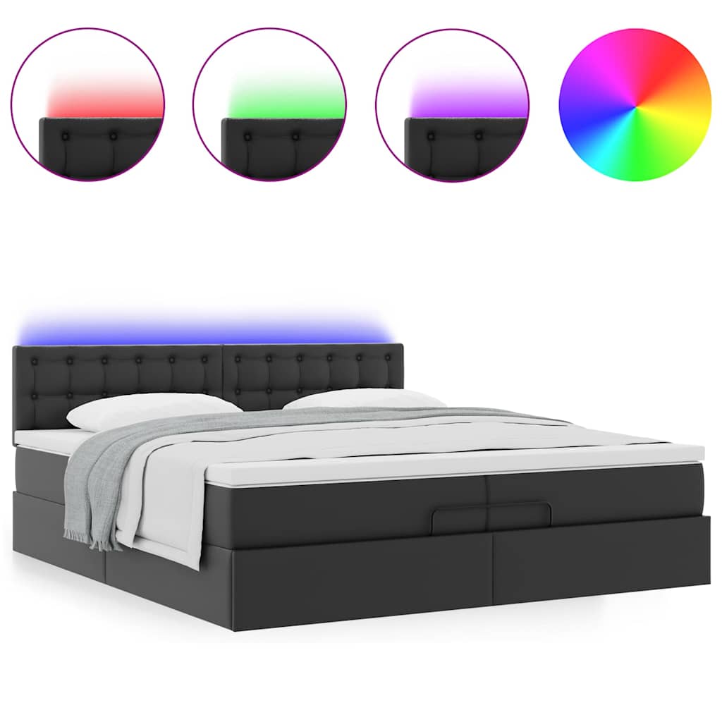 vidaXL Οθωμανικό κρεβάτι με στρώματα & LEDs Μαύρο Faux Leather