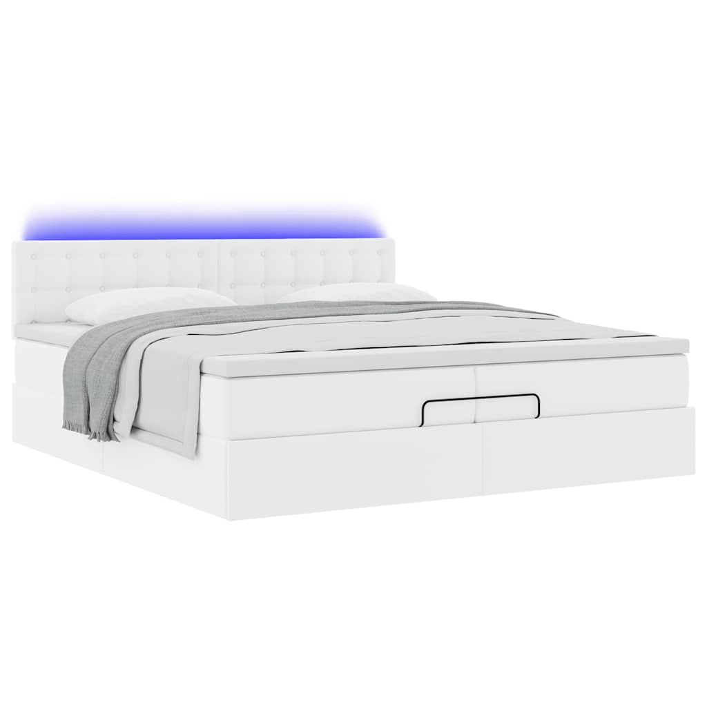 vidaXL Οθωμανικό κρεβάτι με στρώματα & LEDs Καθαρό λευκό Faux Leather