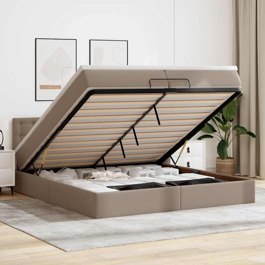 vidaXL Οθωμανικό κρεβάτι με στρώματα & LEDs Cappuccino Faux Leather