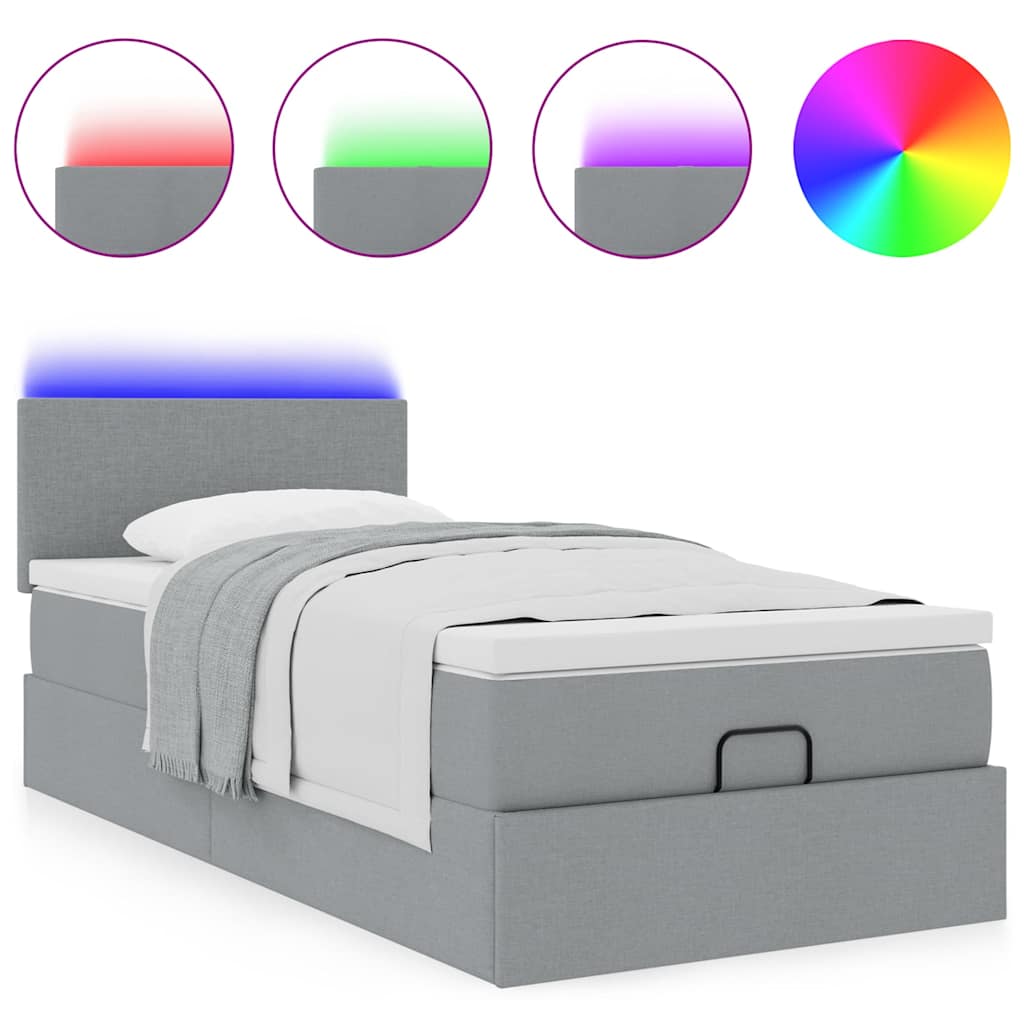 vidaXL Οθωμανικό κρεβάτι με στρώμα & LEDs Ανοιχτό γκρι 90x190cm ύφασμα