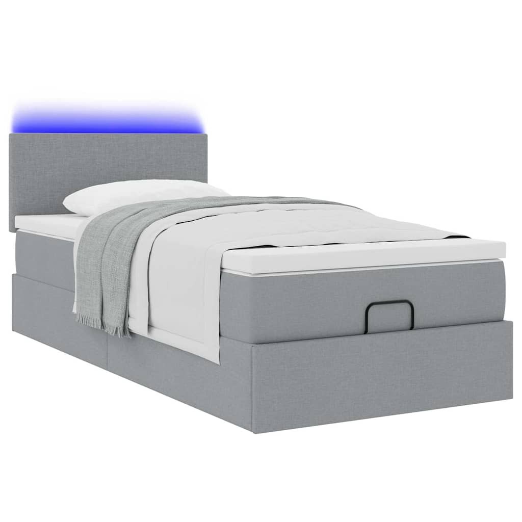 vidaXL Οθωμανικό κρεβάτι με στρώμα & LEDs Ανοιχτό γκρι 90x190cm ύφασμα