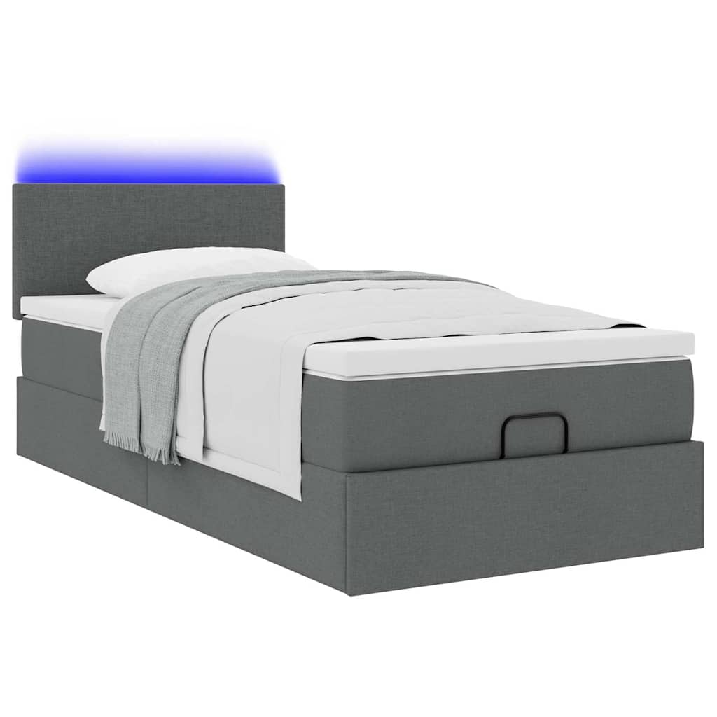 vidaXL Οθωμανικό κρεβάτι με στρώμα & LEDs Σκούρο γκρι 90x190cm ύφασμα