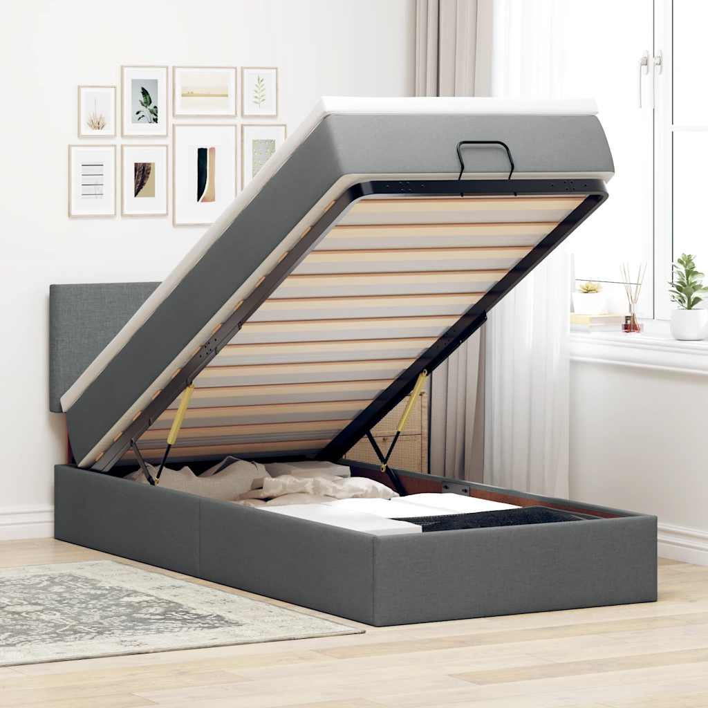 vidaXL Οθωμανικό κρεβάτι με στρώμα & LEDs Σκούρο γκρι 90x190cm ύφασμα