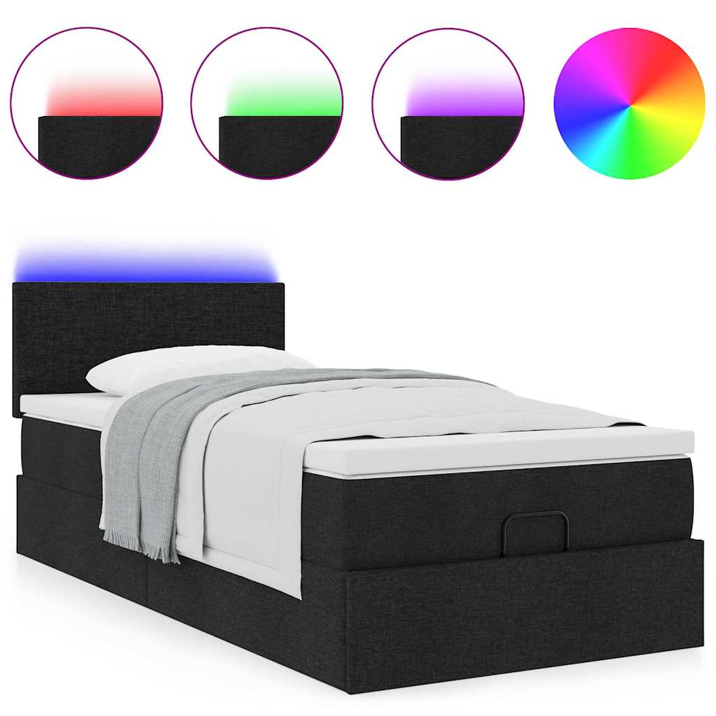 vidaXL Οθωμανικό κρεβάτι με στρώμα & LEDs Μαύρο ύφασμα 90x190cm
