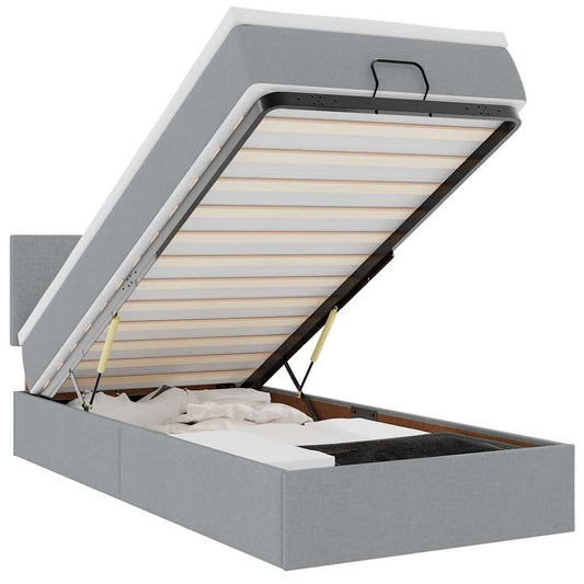 vidaXL Οθωμανικό κρεβάτι με στρώμα & LEDs Ανοιχτό γκρι 90x200cm Ύφασμα