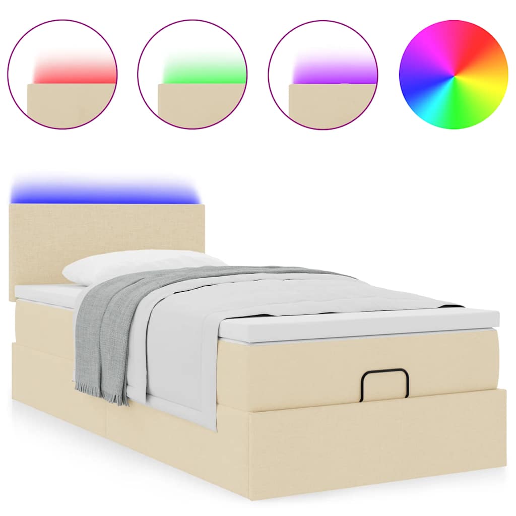 vidaXL Οθωμανικό κρεβάτι με στρώμα & LEDs Cream 100x200 cm Ύφασμα