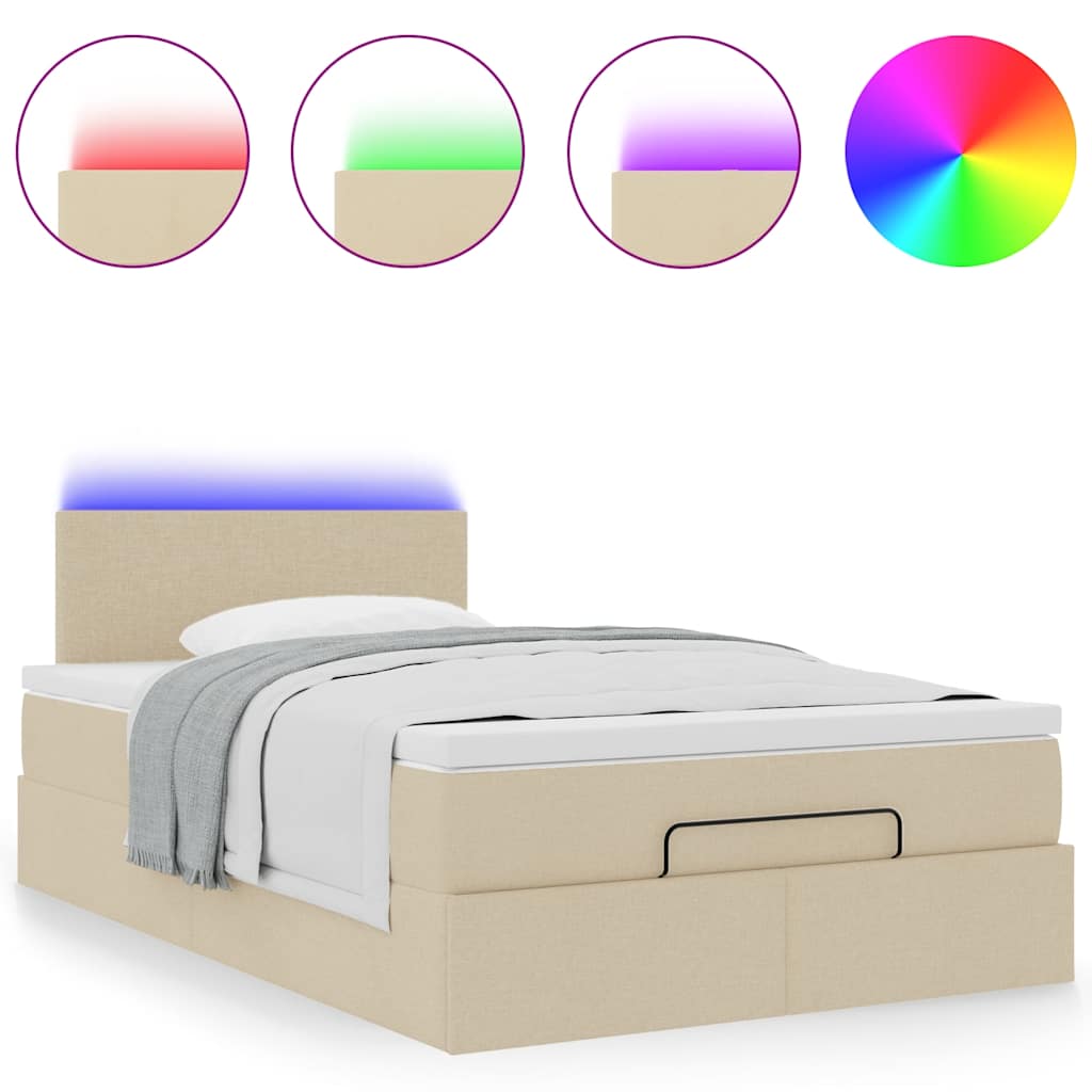 vidaXL Οθωμανικό κρεβάτι με στρώμα & LEDs Cream 120x200cm ύφασμα