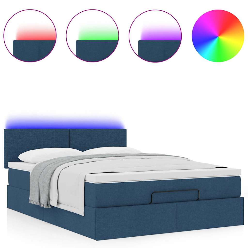 vidaXL Οθωμανικό κρεβάτι με στρώμα & LEDs Μπλε 140x190cm Ύφασμα