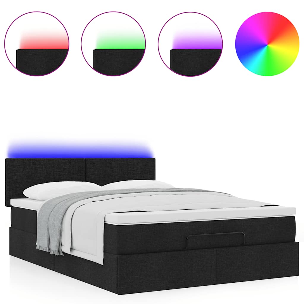 vidaXL Οθωμανικό κρεβάτι με στρώμα & LEDs Μαύρο 140x200 cm Ύφασμα