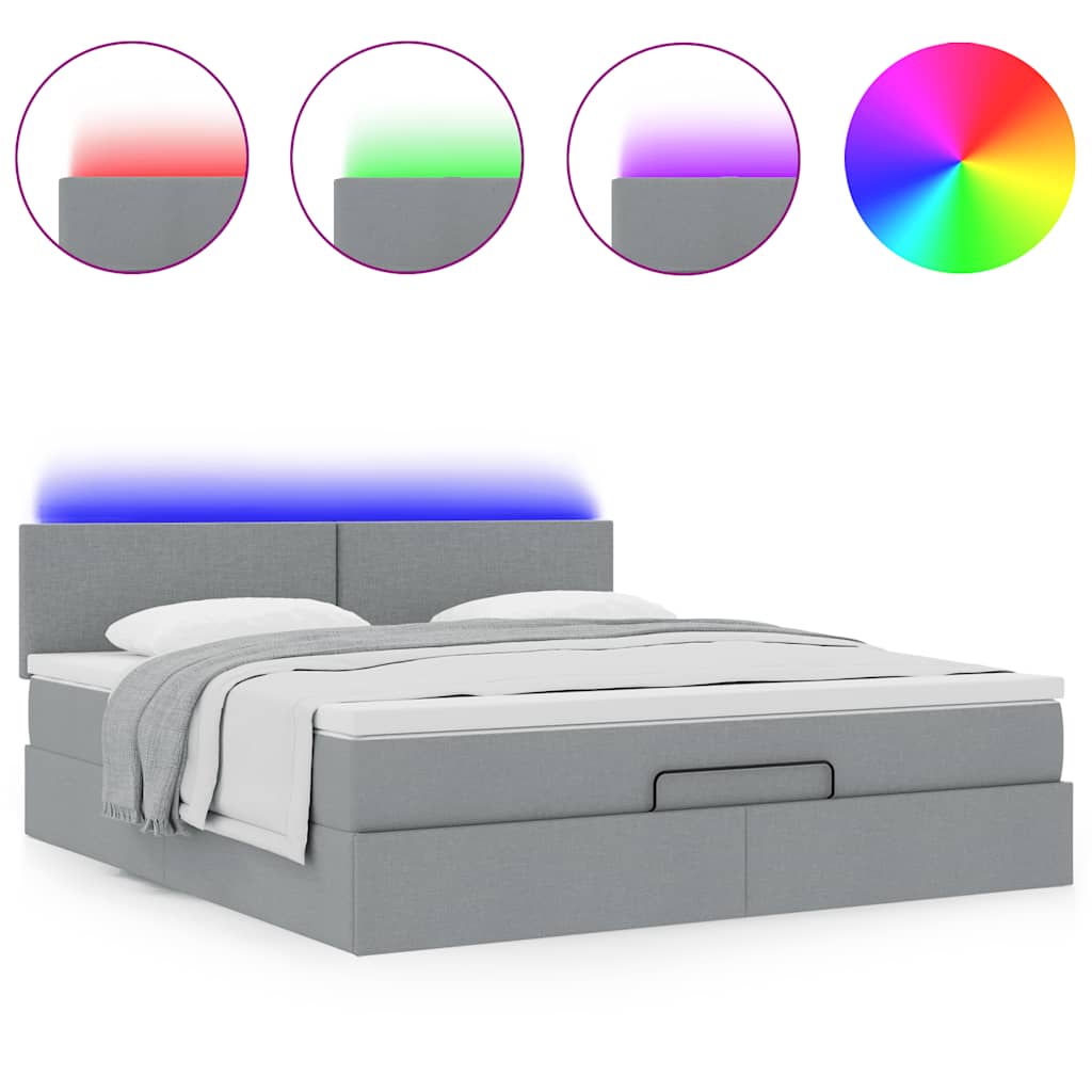 vidaXL Οθωμανικό κρεβάτι με στρώμα&LEDs Ανοιχτό γκρι 180x200cm ύφασμα