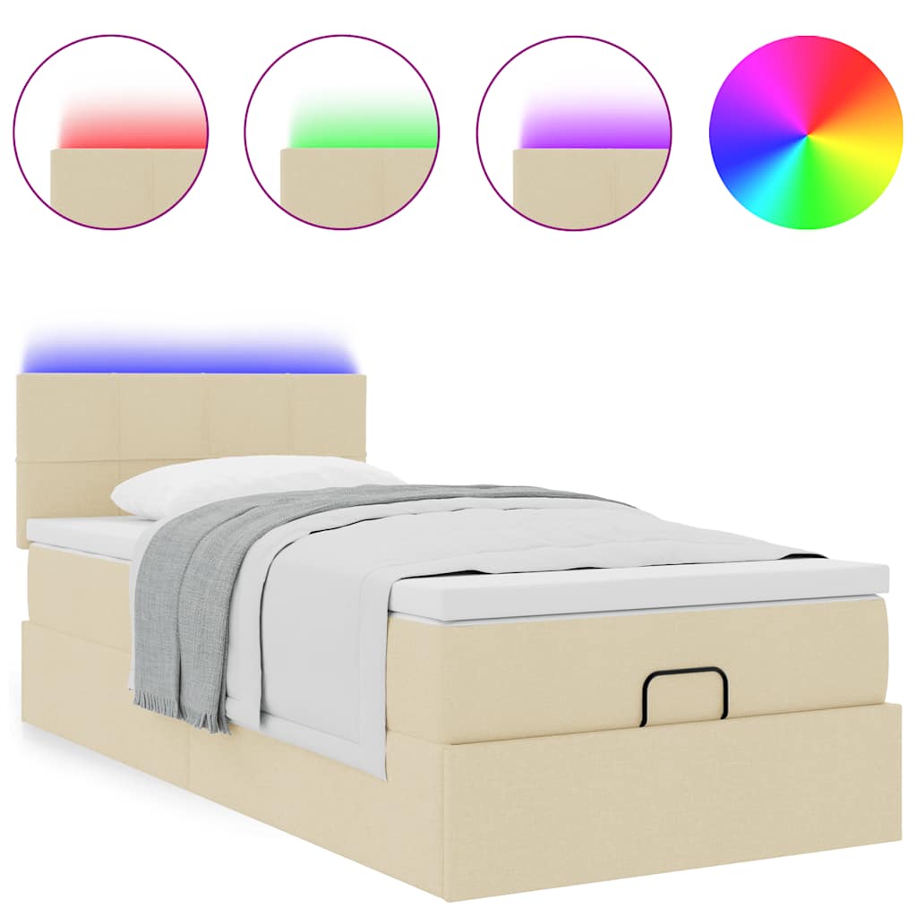 vidaXL Οθωμανικό κρεβάτι με στρώμα & LEDs Cream 80x200cm ύφασμα