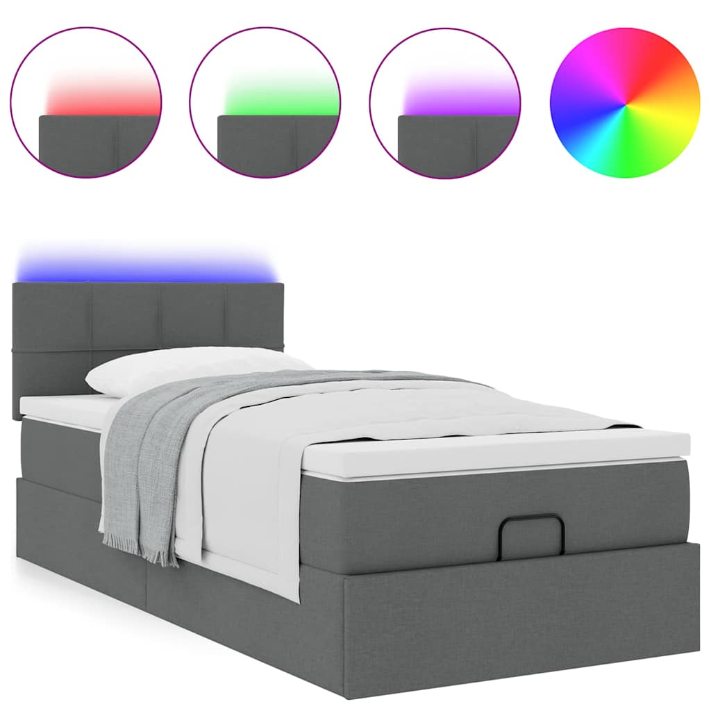 vidaXL Οθωμανικό κρεβάτι με στρώμα & LEDs Σκούρο γκρι 90x190cm ύφασμα