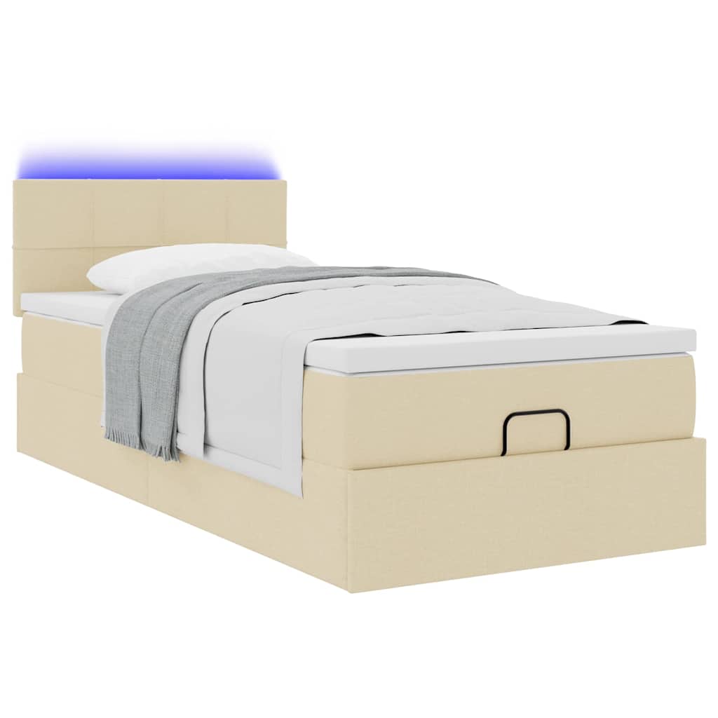 vidaXL Οθωμανικό κρεβάτι με στρώμα & LEDs Cream 90x190cm ύφασμα