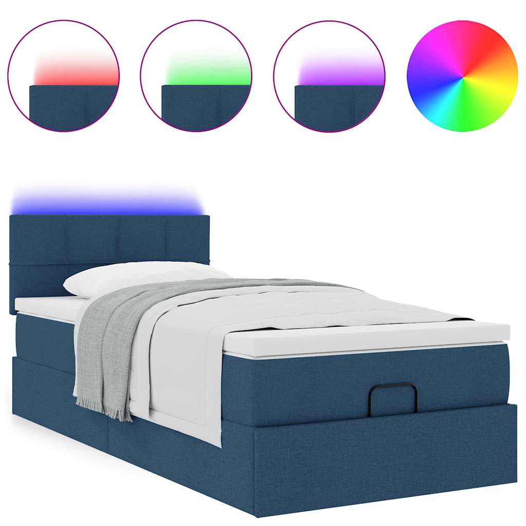 vidaXL Οθωμανικό κρεβάτι με στρώμα & LEDs Μπλε 90x190cm ύφασμα