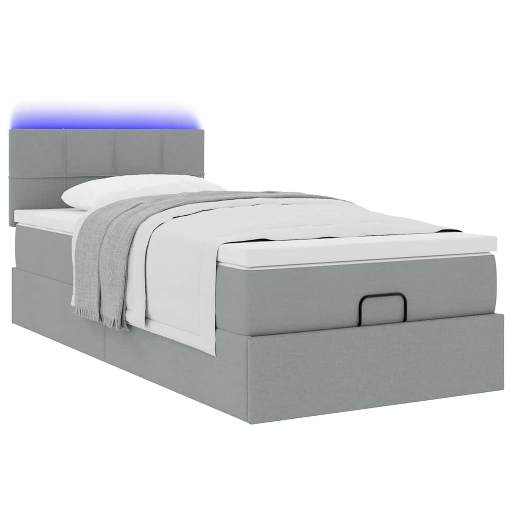 vidaXL Οθωμανικό κρεβάτι με στρώμα & LEDs Ανοιχτό γκρι 90x200cm Ύφασμα