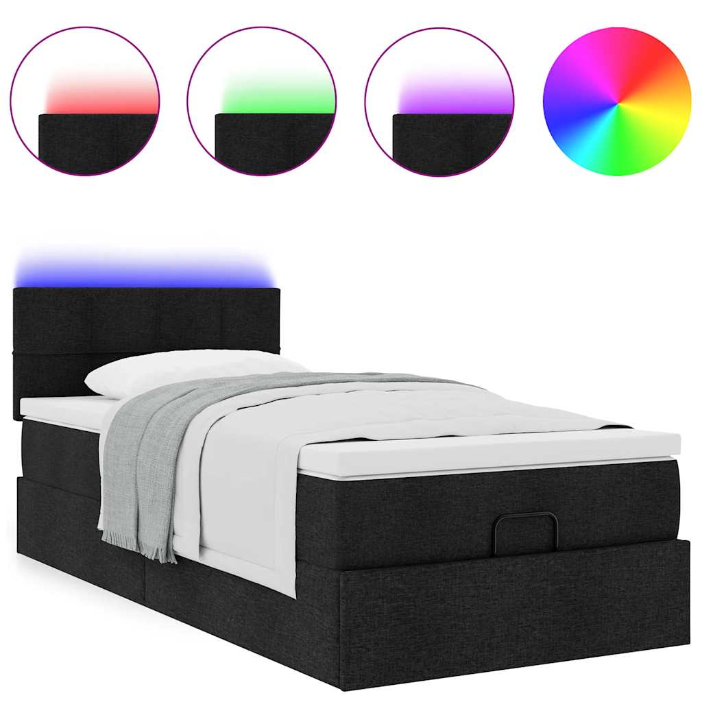 vidaXL Οθωμανικό κρεβάτι με στρώμα & LEDs Μαύρο 90x200 cm Ύφασμα