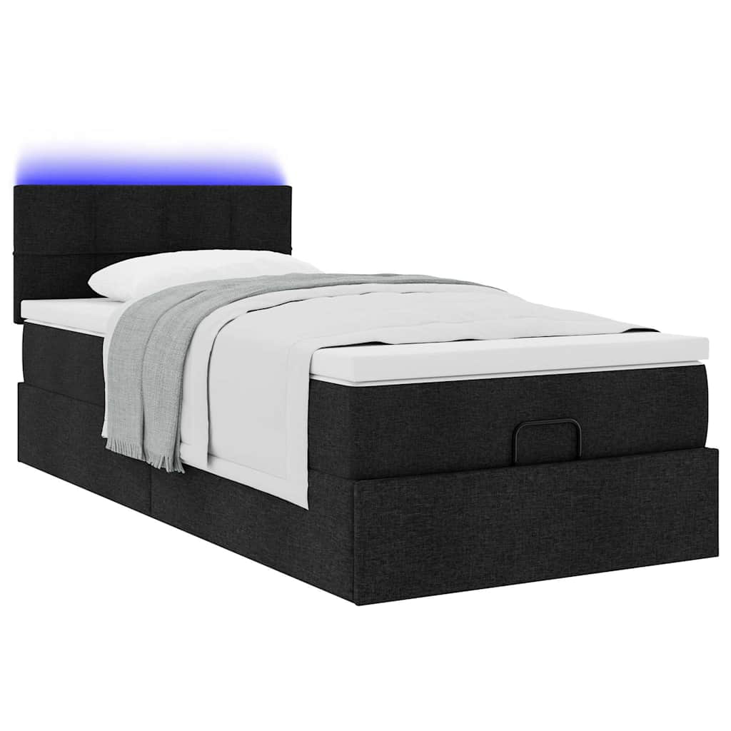 vidaXL Οθωμανικό κρεβάτι με στρώμα & LEDs Μαύρο 90x200 cm Ύφασμα