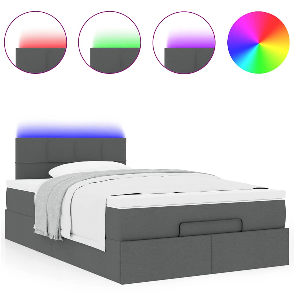 vidaXL Οθωμανικό κρεβάτι με στρώμα & LEDs Σκούρο γκρι 120x200cm Ύφασμα