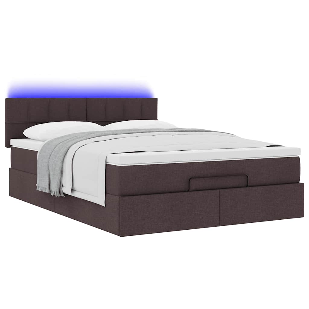 vidaXL Οθωμανικό κρεβάτι με στρώμα & LEDs Σκούρο καφέ 140x190cm Ύφασμα