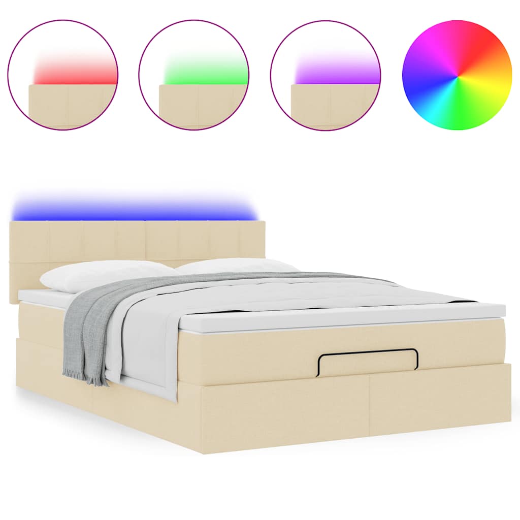 vidaXL Οθωμανικό κρεβάτι με στρώμα & LEDs Cream 140x190cm Ύφασμα