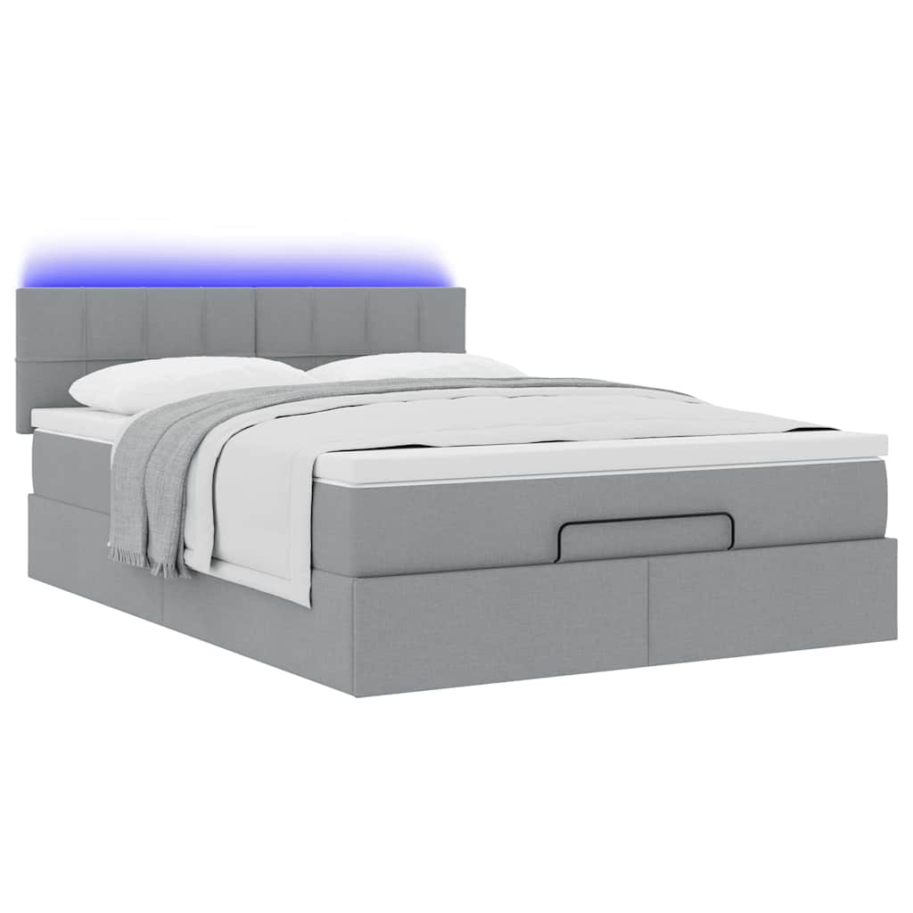 vidaXL Οθωμανικό κρεβάτι με στρώμα & LEDs Ανοιχτό γκρι ύφασμα