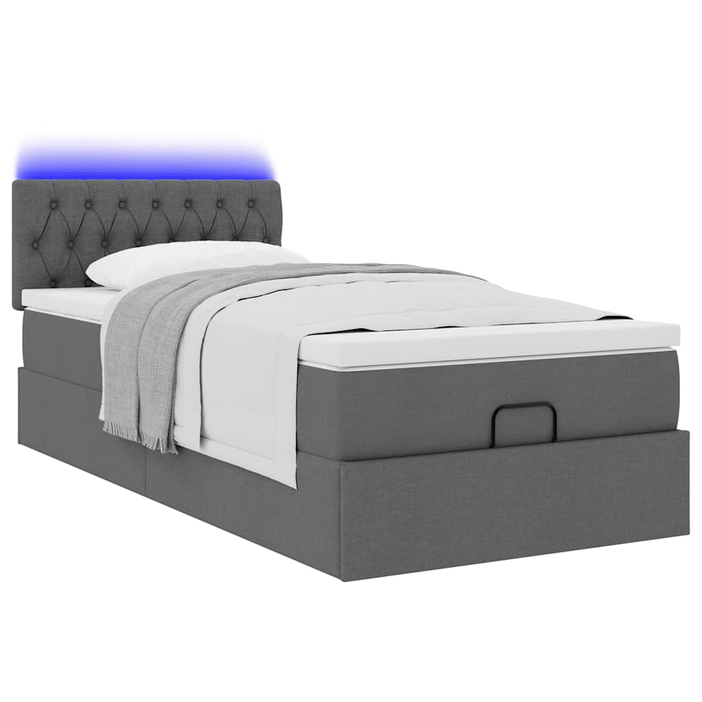 vidaXL Οθωμανικό κρεβάτι με στρώμα & LEDs Σκούρο γκρι 90x190cm ύφασμα