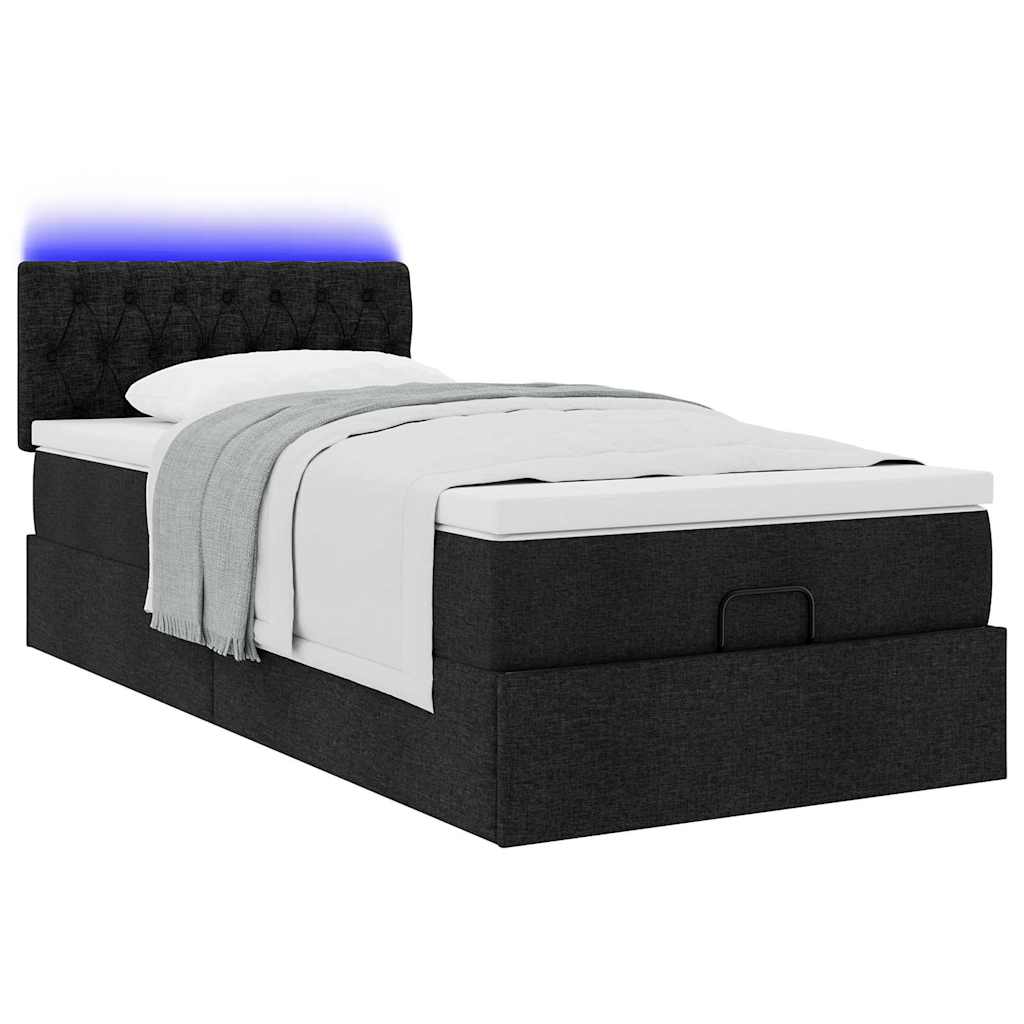 vidaXL Οθωμανικό κρεβάτι με στρώμα & LEDs Μαύρο 90x200 cm Ύφασμα