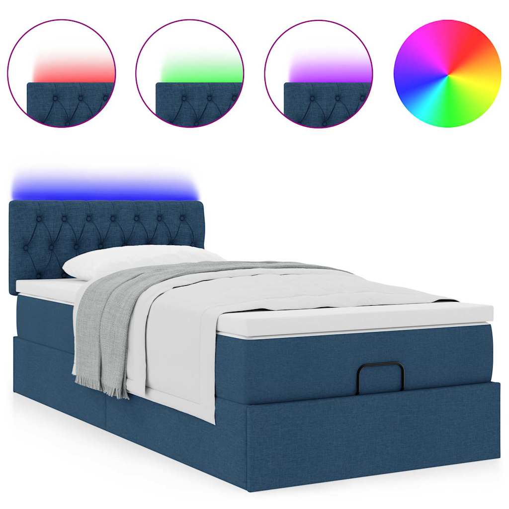 vidaXL Οθωμανικό κρεβάτι με στρώμα & LEDs Μπλε 90x200 cm Ύφασμα