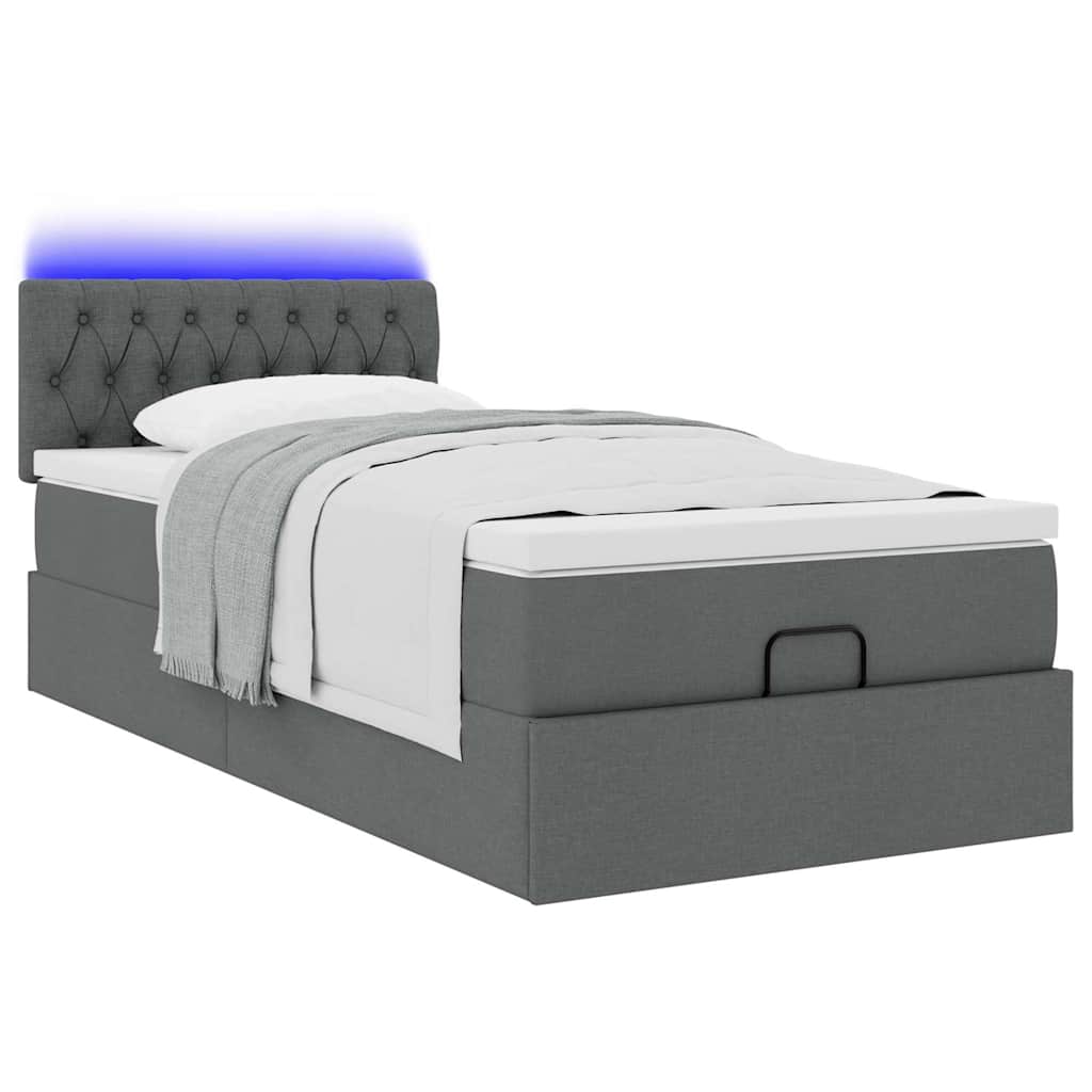 vidaXL Οθωμανικό κρεβάτι με στρώμα & LEDs Σκούρο γκρι ύφασμα 100x200cm