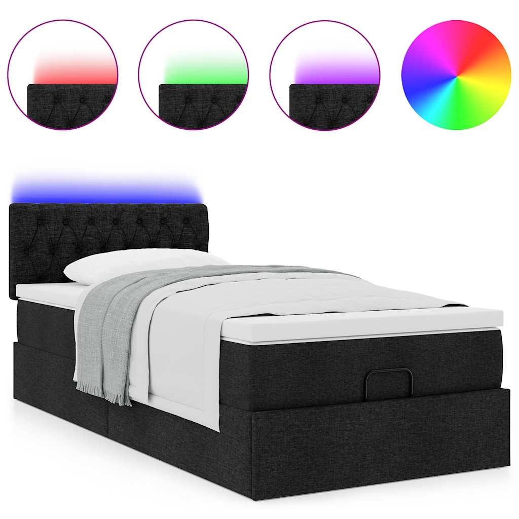 vidaXL Οθωμανικό κρεβάτι με στρώμα & LEDs Μαύρο 100x200 cm Ύφασμα