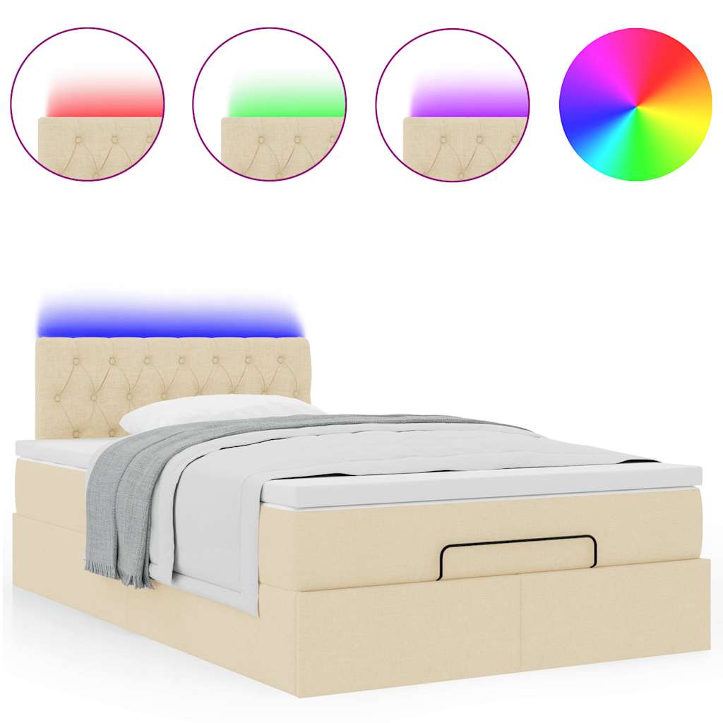 vidaXL Οθωμανικό κρεβάτι με στρώμα & LEDs Cream 120x200cm ύφασμα