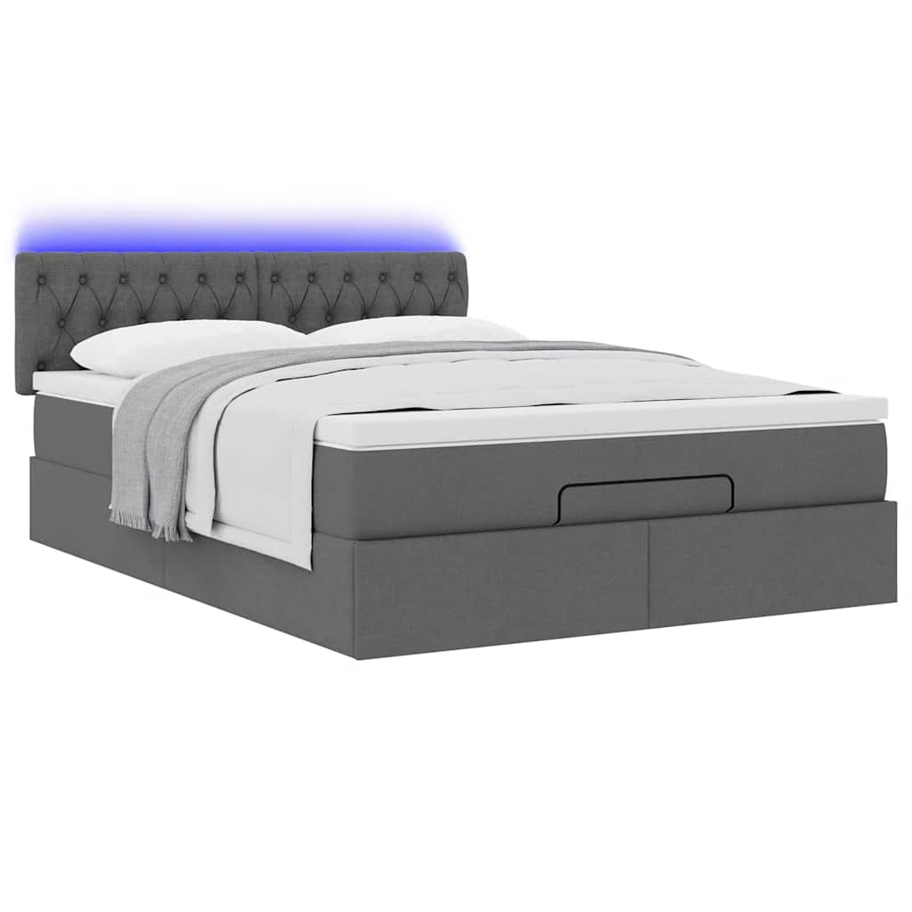 vidaXL Οθωμανικό κρεβάτι με στρώμα & LEDs Σκούρο γκρι 140x190cm Ύφασμα