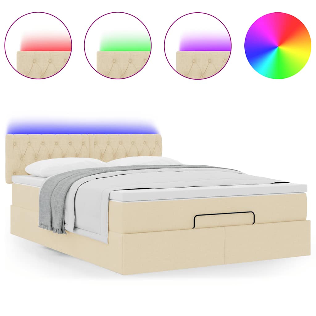 vidaXL Οθωμανικό κρεβάτι με στρώμα & LEDs Cream 140x190cm Ύφασμα