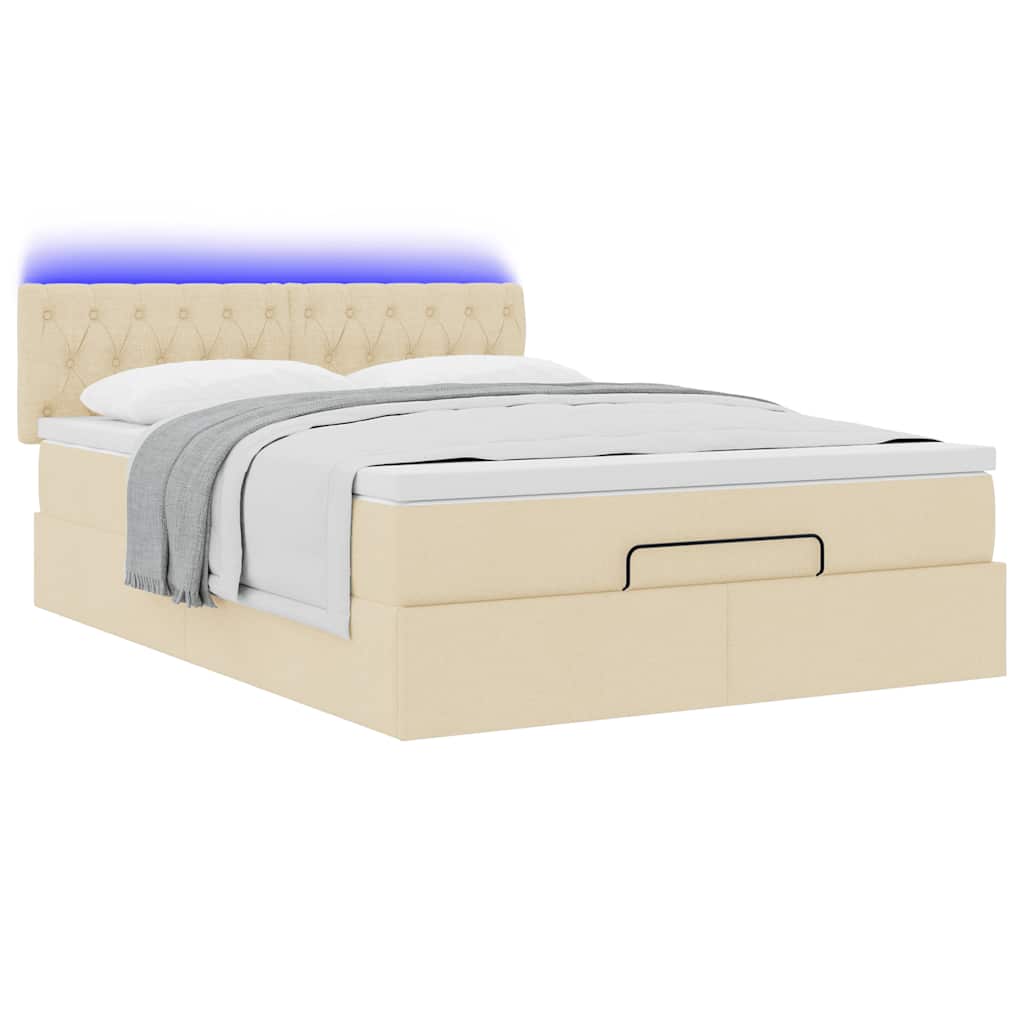 vidaXL Οθωμανικό κρεβάτι με στρώμα & LEDs Cream 140x190cm Ύφασμα