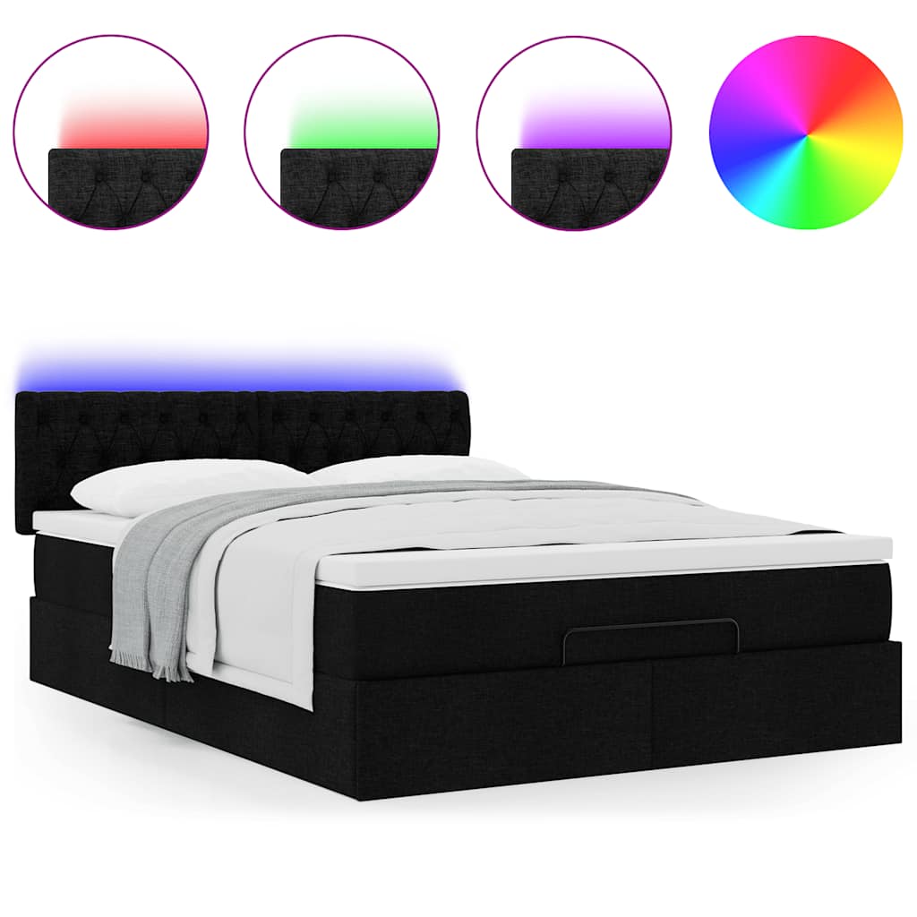 vidaXL Οθωμανικό κρεβάτι με στρώμα & LEDs Μαύρο 140x200 cm Ύφασμα