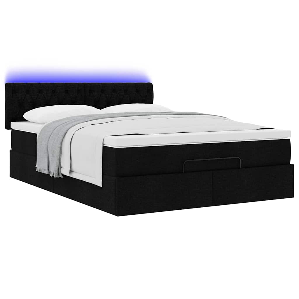 vidaXL Οθωμανικό κρεβάτι με στρώμα & LEDs Μαύρο 140x200 cm Ύφασμα