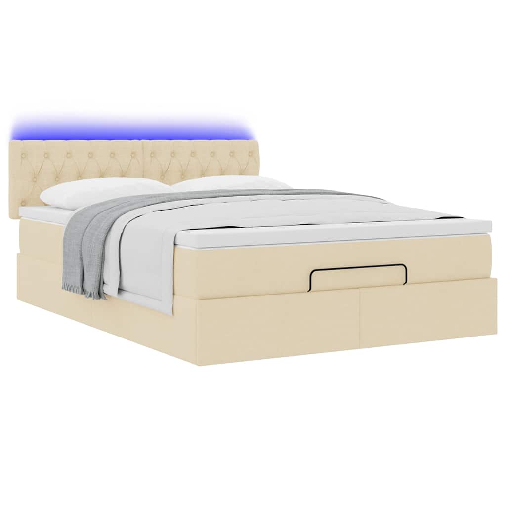 vidaXL Οθωμανικό κρεβάτι με στρώμα & LEDs Cream 140x200 cm Ύφασμα