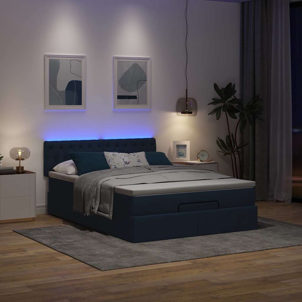 vidaXL Οθωμανικό κρεβάτι με στρώμα & LEDs Μπλε 140x200cm ύφασμα