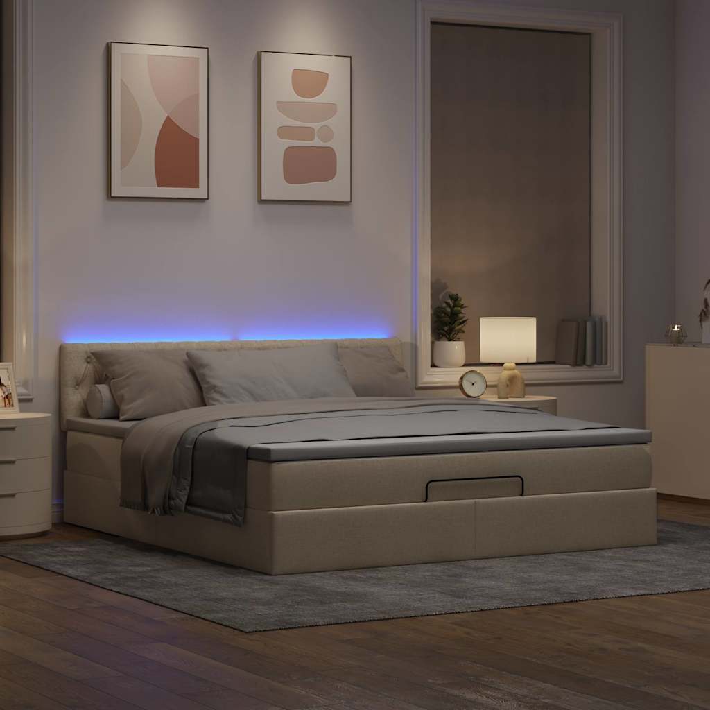 vidaXL Οθωμανικό κρεβάτι με στρώμα & LEDs Cream 160x200cm ύφασμα