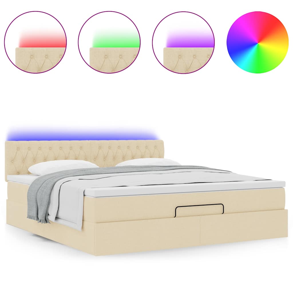vidaXL Οθωμανικό κρεβάτι με στρώμα & LEDs Cream 160x200cm ύφασμα